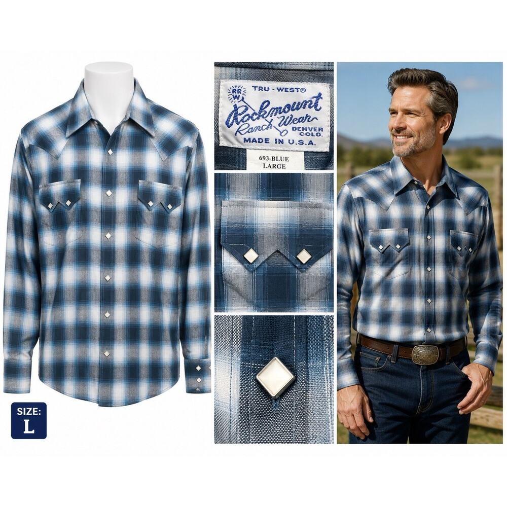 Rockmount Ranch Wear Tru West Blue Shadow Plaid Western Shirt L-XL Snap Shotgun